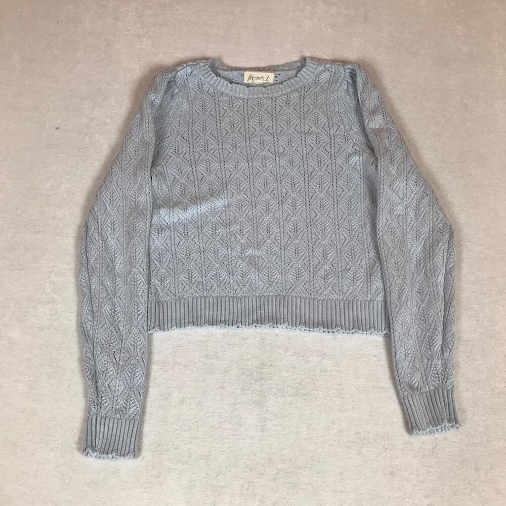 Marled Light Blue Open Crochet Chunky Knit Sweater Small